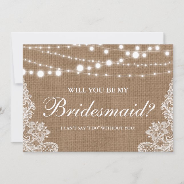 Rustic Wedding Burlap Lights Lace Bridesmaid Invitation (Front)