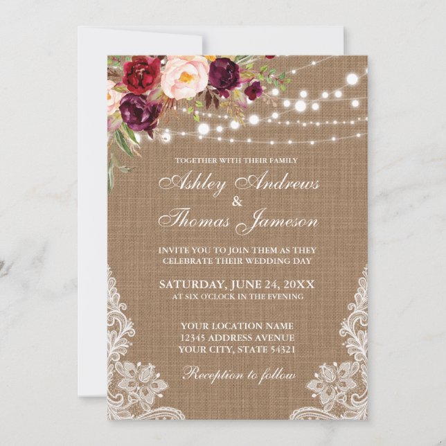 Rustic Wedding Burlap Lights Lace Floral Invite (Front)