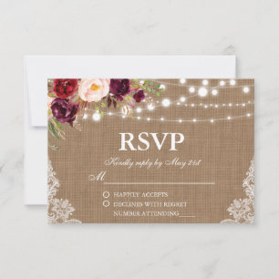 Rustic Wedding Burlap Lights Lace Floral RSVP Card