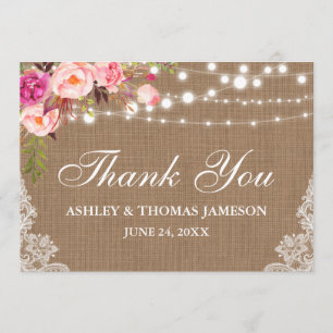 Rustic Wedding Burlap Lights Lace Floral Thanks Thank You Card