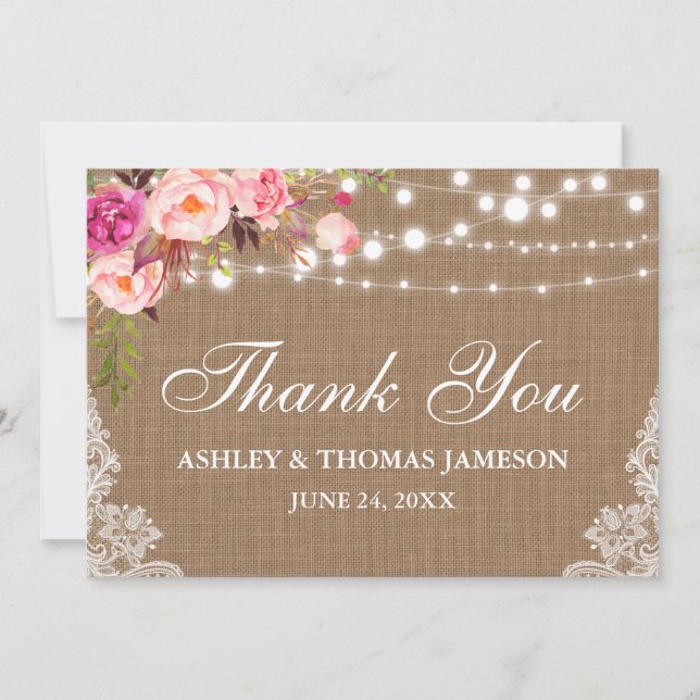 Rustic Wedding Burlap Lights Lace Floral Thanks Thank You Card (Front)