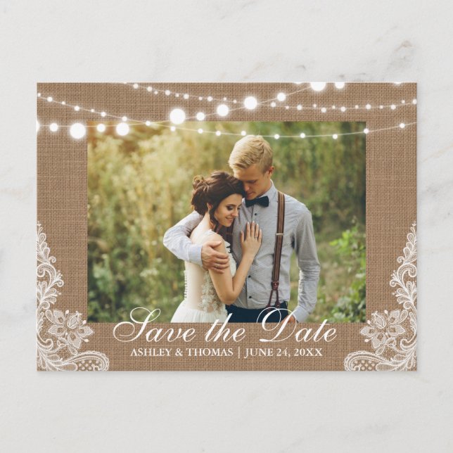 Rustic Wedding Burlap Lights Lace Save the Date Announcement Postcard (Front)