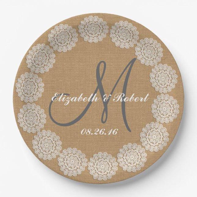Rustic Wedding Burlap Monogram Names Lace Paper Plate (Front)