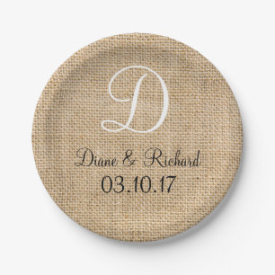 Rustic Wedding Burlap Name Date Monogram Paper Plate