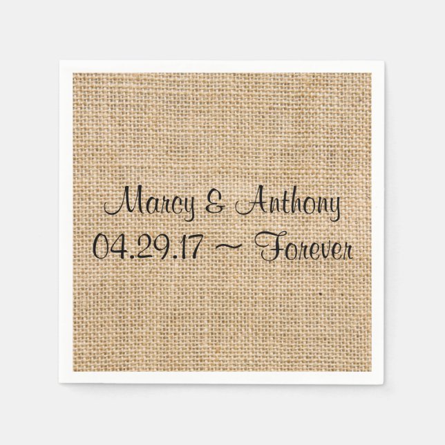Rustic Wedding Burlap Personalised Names Date Napkin (Front)