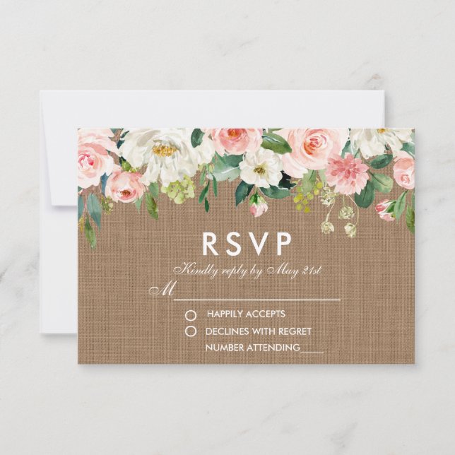 Rustic Wedding Burlap Pink White Floral RSVP Card (Front)