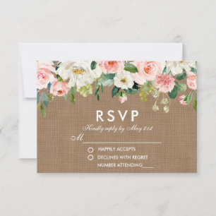 Rustic Wedding Burlap Pink White Floral RSVP Card