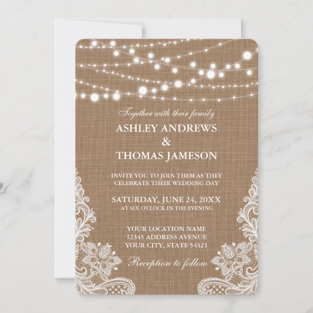 Rustic Wedding Burlap String Lights Lace Card R (Front)