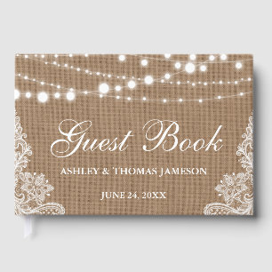 Rustic Wedding Burlap String Lights Lace Guest Book