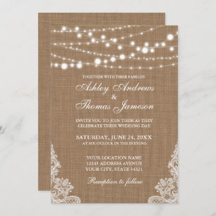 Rustic Wedding Burlap String Lights Lace Invite PB
