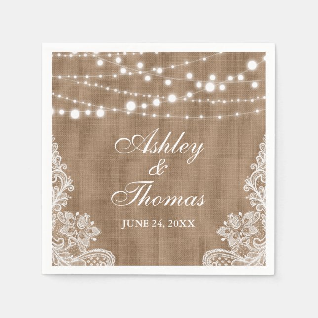 Rustic Wedding Burlap String Lights Lace Napkin (Front)