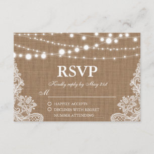 Rustic Wedding Burlap String Lights Lace RSVP Card