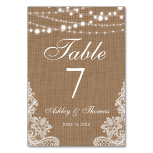 Rustic Wedding Burlap String Lights Lace Table Number