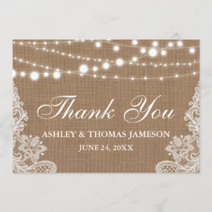 Rustic Wedding Burlap String Lights Lace Thank You Card