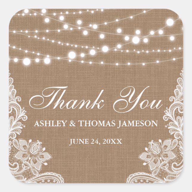 Rustic Wedding Burlap String Lights Lace Thank You Square Sticker (Front)