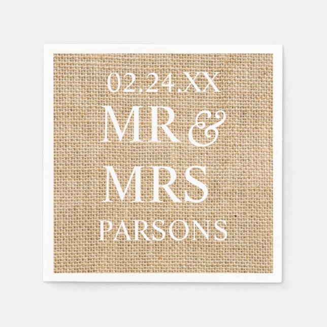 Rustic Wedding Burlap Trendy Wedding Name Date Napkin (Front)