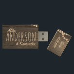 Rustic Wedding Couple's Names Date Personalised Wood USB Flash Drive<br><div class="desc">Faux barn wood string lights rustic wedding USB gift. Personalise it with couple's names & wedding date. Click customise it button to change fonts,  adjust the text size... .etc.</div>