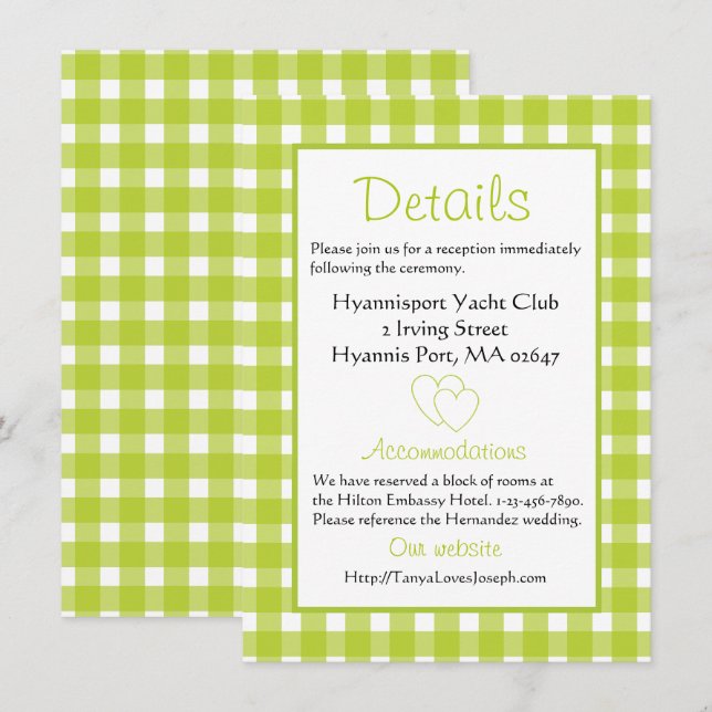 Rustic Wedding Details Gingham Green Plaid Party Invitation (Front/Back)