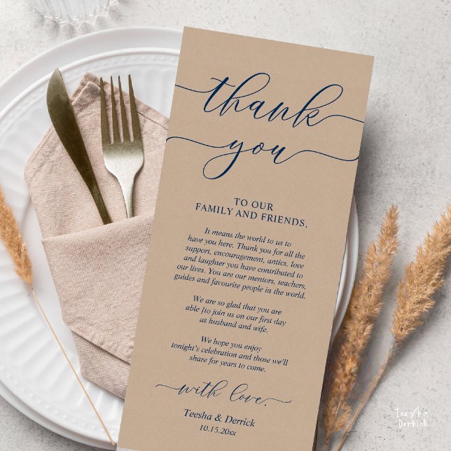Rustic Wedding Dinner Place Setting Thank You Card (Rustic Wedding Dinner Place Setting Thank You Card Reception in Navy Blue Script Brown Kraft)