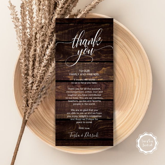 Rustic Wedding Dinner Thank you Place Setting Card (Rustic Wedding Dinner Thank you Place Setting Card in cottage dark brown wood theme)