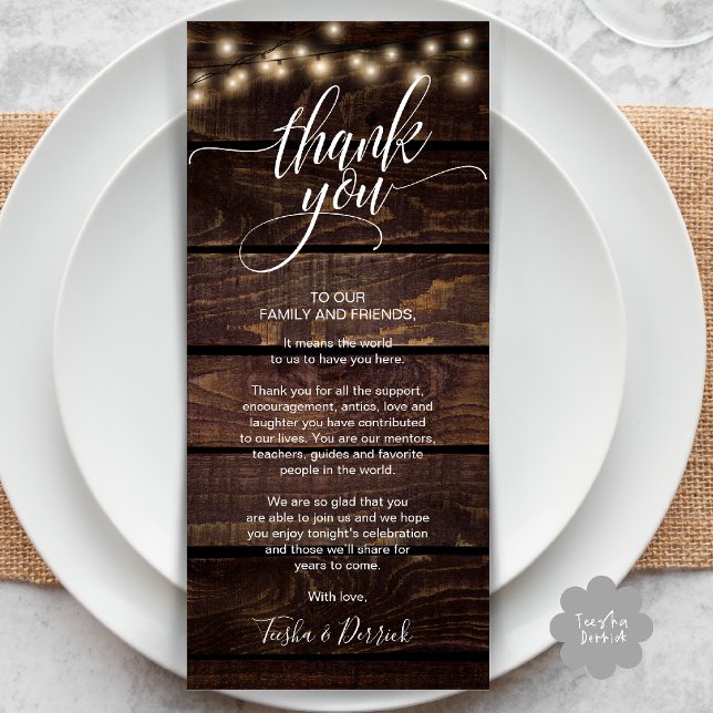 Rustic Wedding Dinner Thank you Place Setting Card (Rustic Wedding Dinner Thank you Place Setting Card in cottage dark brown wood string lights)