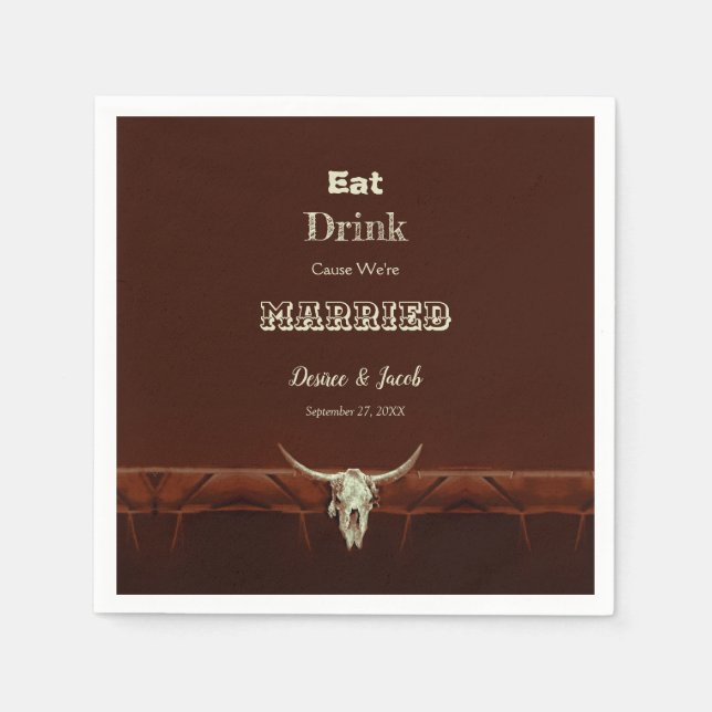 Rustic Wedding Eat Drink Married Bull Skull Napkin (Front)