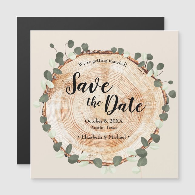 Rustic Wedding Eucalyptus Wood Cut Slice Custom Magnetic Invitation (Front/Back)