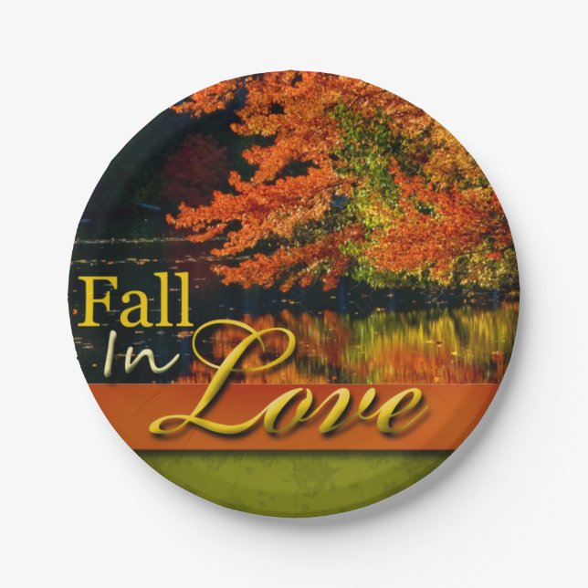 Rustic Wedding Fall In Love Autumn Scenic Photo Paper Plate (Front)