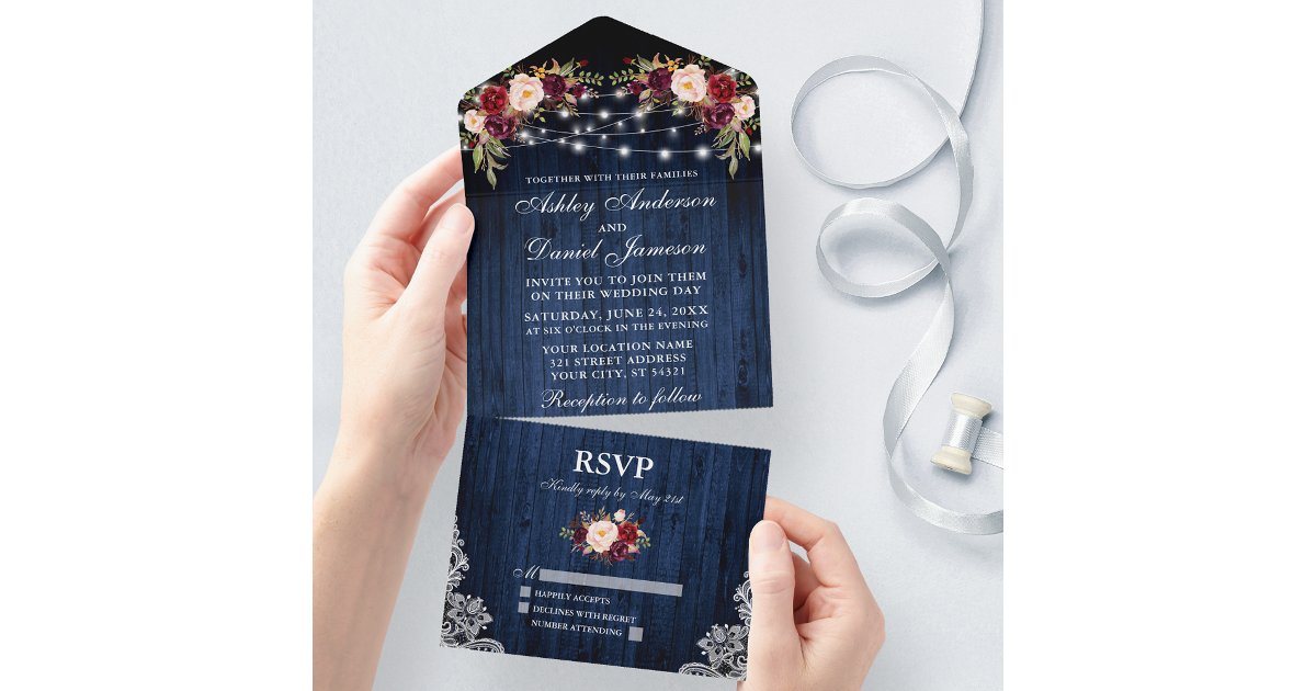 Rustic Wedding Floral Blue Wood Lace Lights All In One Invitation | Zazzle