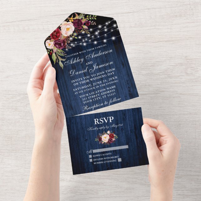 Rustic Wedding Floral Blue Wood Lights All In One Invitation (Tearaway)