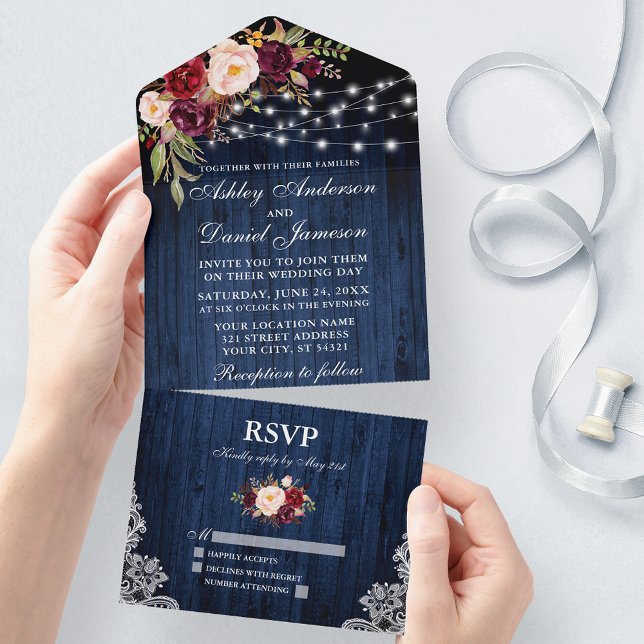 Rustic Wedding Floral Blue Wood Lights Lace All In One Invitation (All In One Wedding Invitation with tear off RSVP Card)