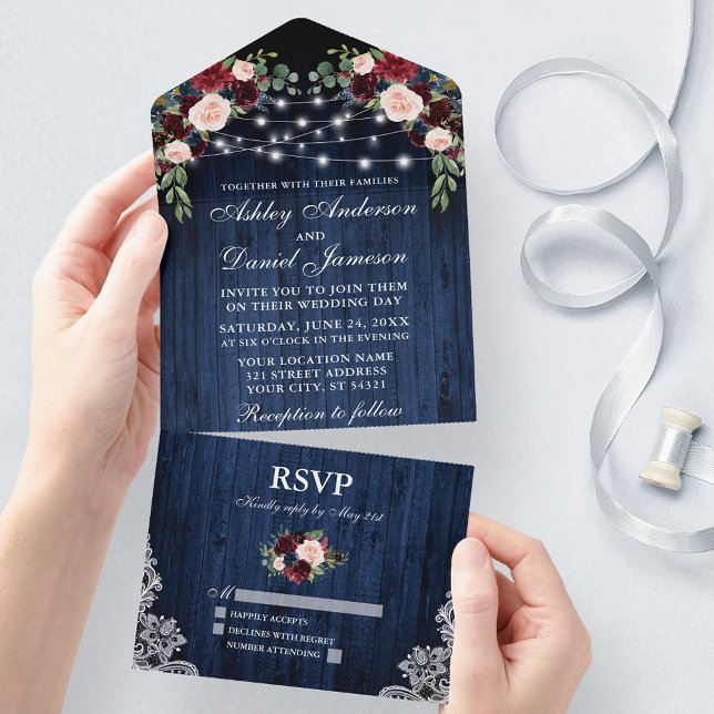 Rustic Wedding Floral Blue Wood Lights Lace All In One Invitation (All In One Wedding Invitation with tear off RSVP Card)