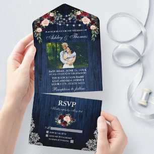 Rustic Wedding Floral Blue Wood Lights Lace Photo All In One Invitation