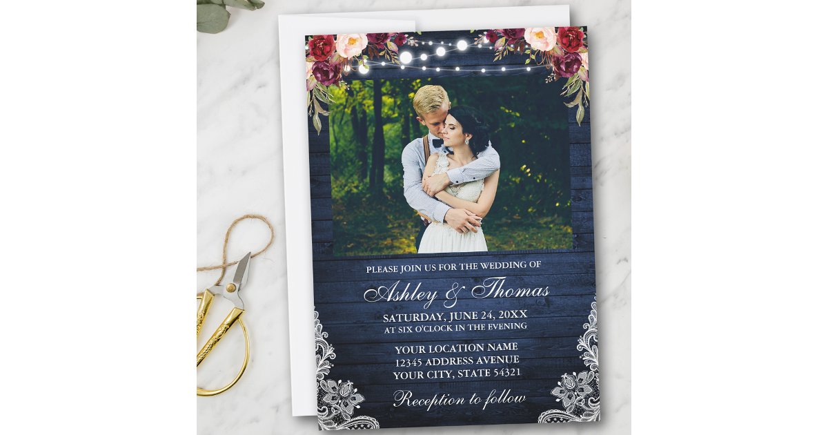 Rustic Wedding Floral Blue Wood Lights Lace Photo Invitation | Zazzle