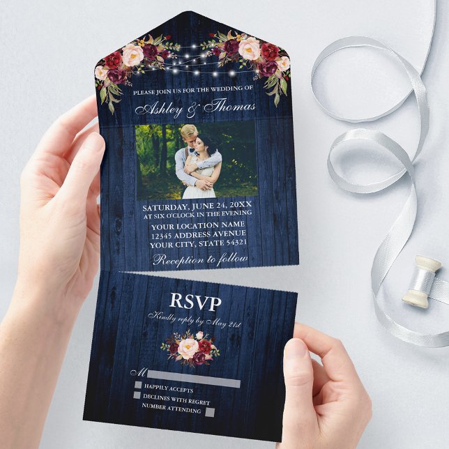 Rustic Wedding Floral Blue Wood Lights Photo All In One Invitation (All In One Wedding Invitation with tear off RSVP Card)