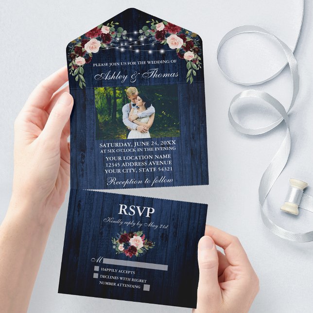 Rustic Wedding Floral Blue Wood Lights Photo All In One Invitation (All In One Wedding Invitation with tear off RSVP Card)