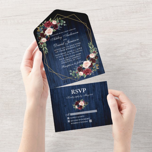 Rustic Wedding Floral Burgundy Blue Wood Geo Frame All In One Invitation (Tearaway)