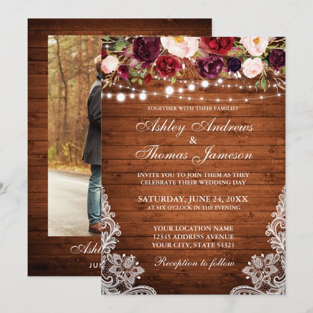 Rustic Wedding Floral Lace Wood Photo Invitation (Front/Back)