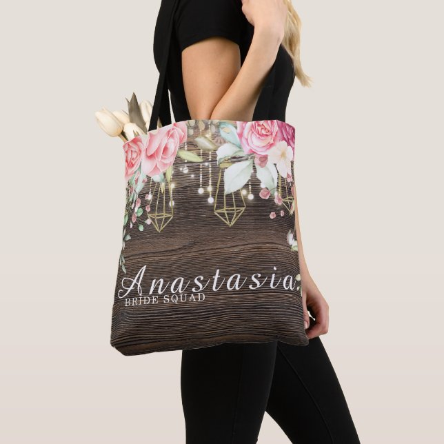 Rustic Wedding Floral Personalised Bride Squad Tote Bag (Close Up)