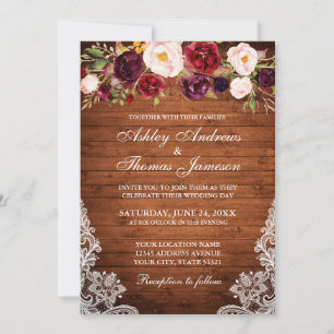 Rustic Wedding Floral Wood Lace Invite