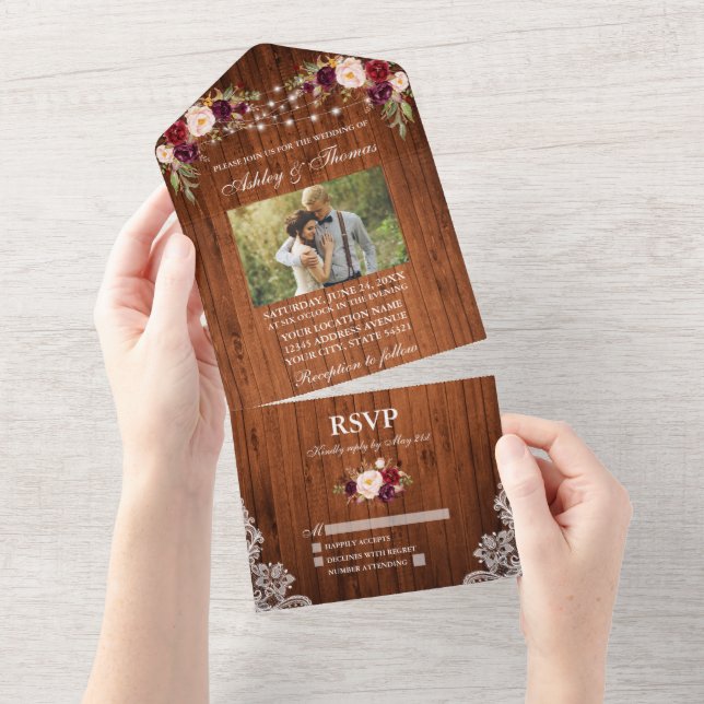 Rustic Wedding Floral Wood Lights Lace Photo All In One Invitation (Tearaway)