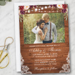 Rustic Wedding Floral Wood Lights Lace Photo Invitation<br><div class="desc">Rustic Wedding,  Watercolor Burgundy Floral,  Wood String Lights Lace Photo Invitation</div>