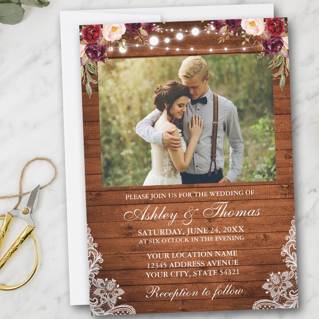 Rustic Wedding Floral Wood Lights Lace Photo Invitation (Customize to add more text or more photos to back of card.)
