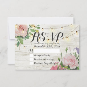 Rustic Wedding Floral Wood String Light RSVP Reply Card