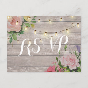 Rustic Wedding Floral Wood String Light RSVP Reply Invitation Postcard