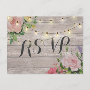 Rustic Wedding Floral Wood String Light RSVP Reply Invitation Postcard