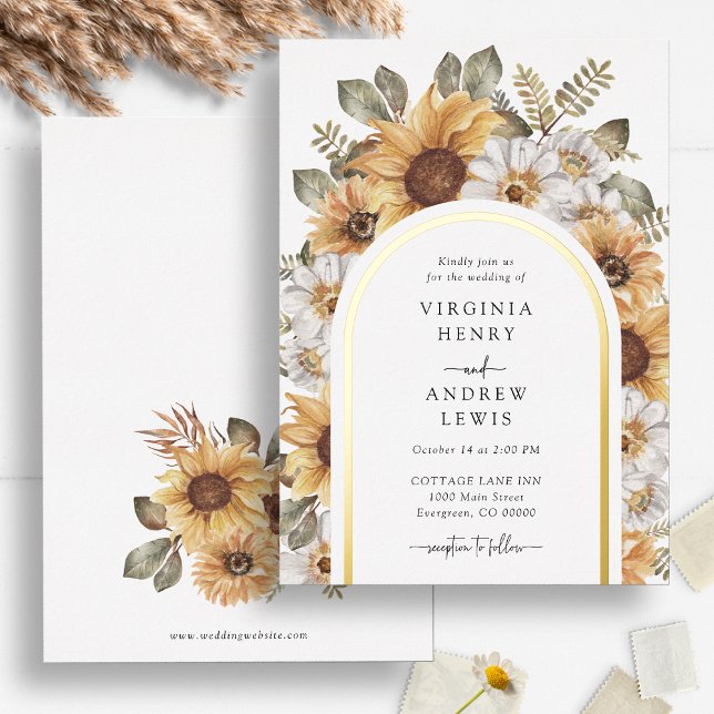 Rustic Wedding Foil Invitation (Rustic Watercolor Sunflower Floral Wedding Gold Foil Invitation by Painted Paperie)