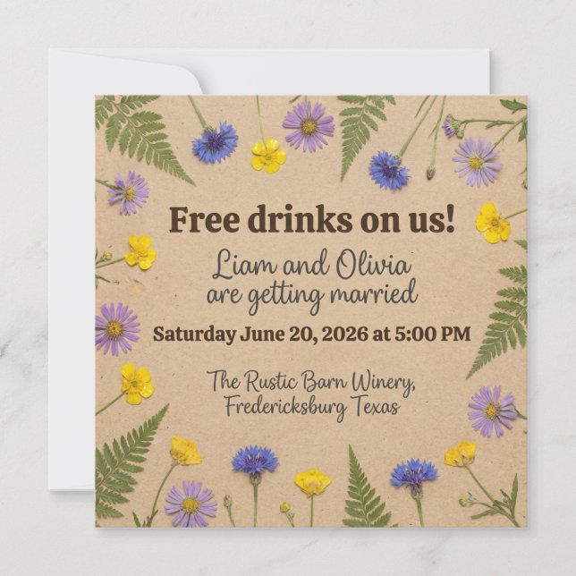 Rustic Wedding - Free Drinks on Us - Liam & Olivia Invitation (Front)
