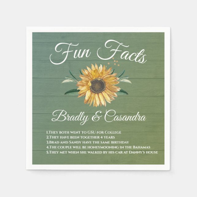 Rustic Wedding Fun Facts Sunflower Green Wood Napkin (Front)
