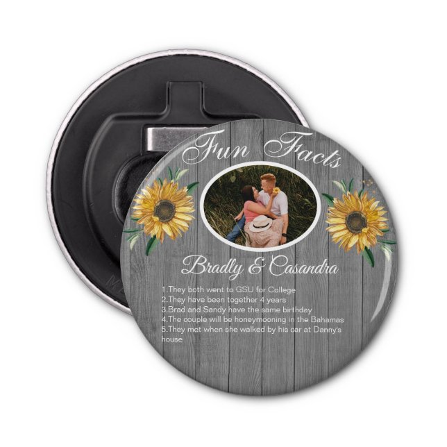 Rustic Wedding Fun Facts Sunflower Grey Wood   Bottle Opener (Front)